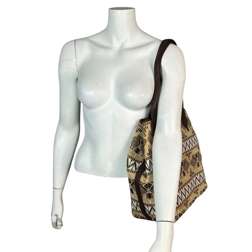 Isabella Fiore Woven Tapestry Leather Tote Bag Brown Tan Rattan Bird BOHO NEW